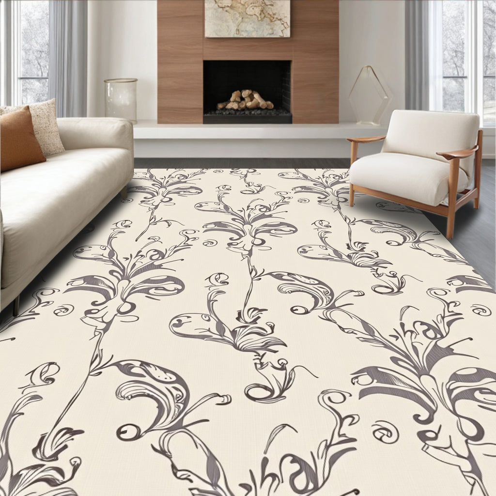 Elegant Beige Ivory Flourish Scroll Rug