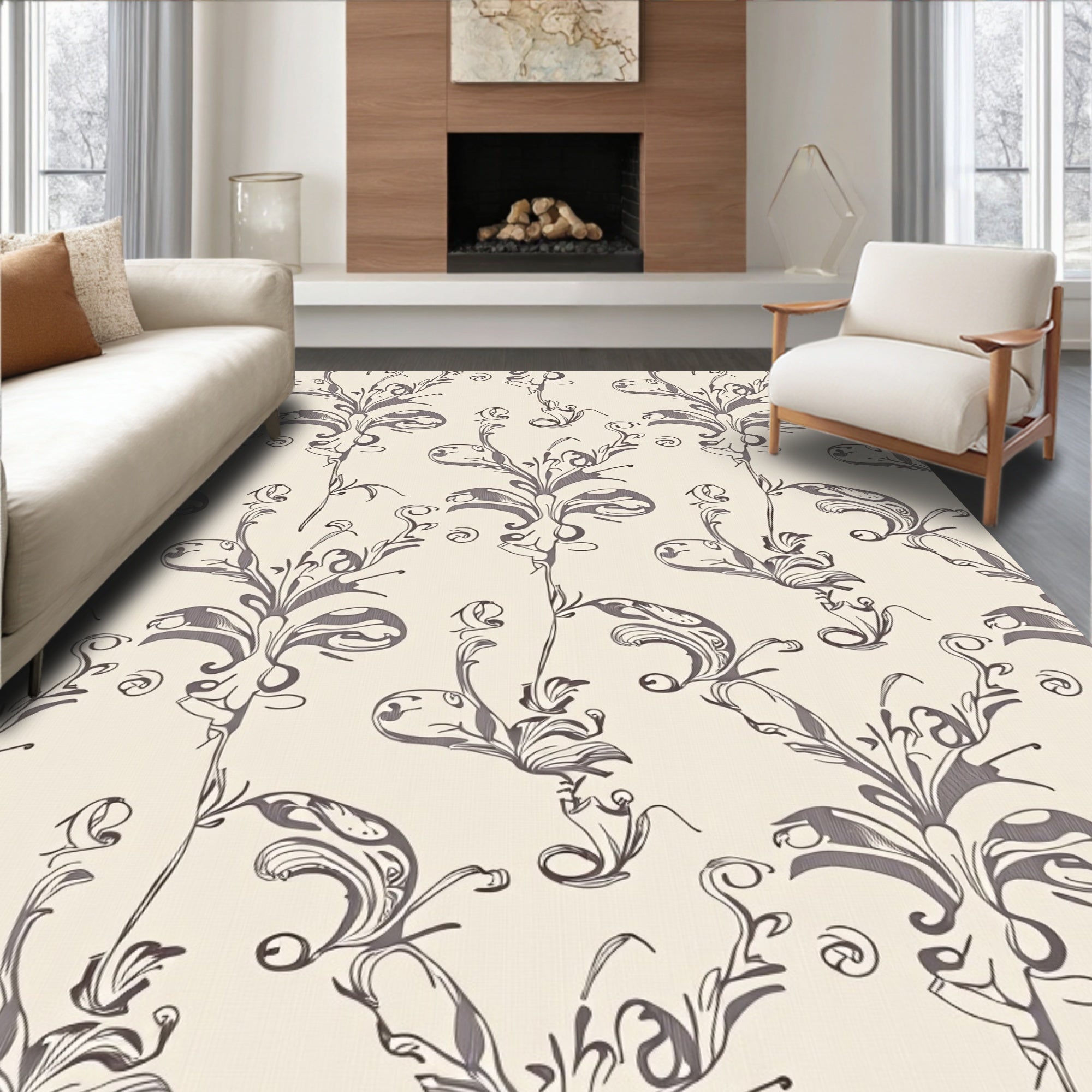 Elegant Beige Ivory Flourish Scroll Rug