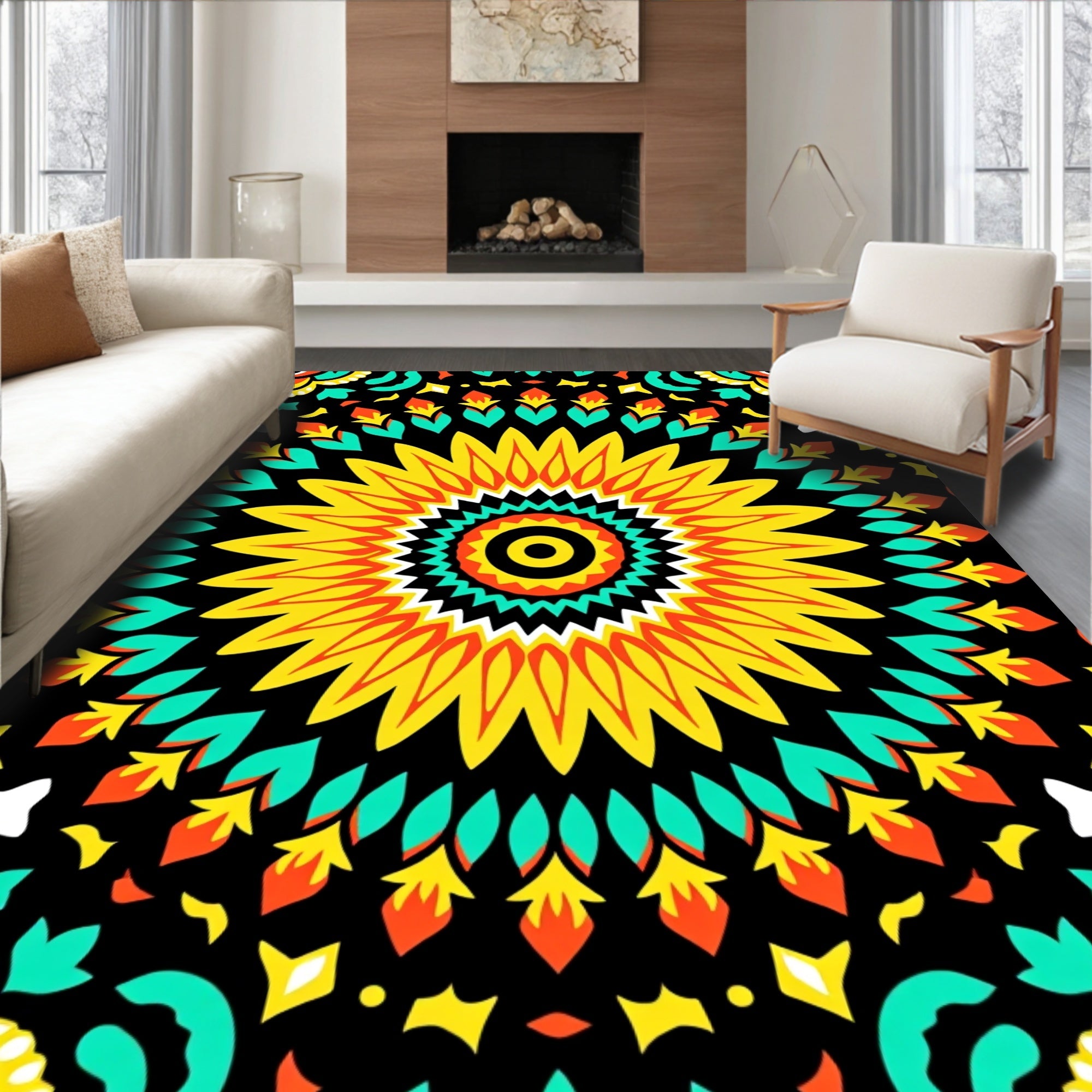 Vibrant Yellow Sunburst Mandala Rug