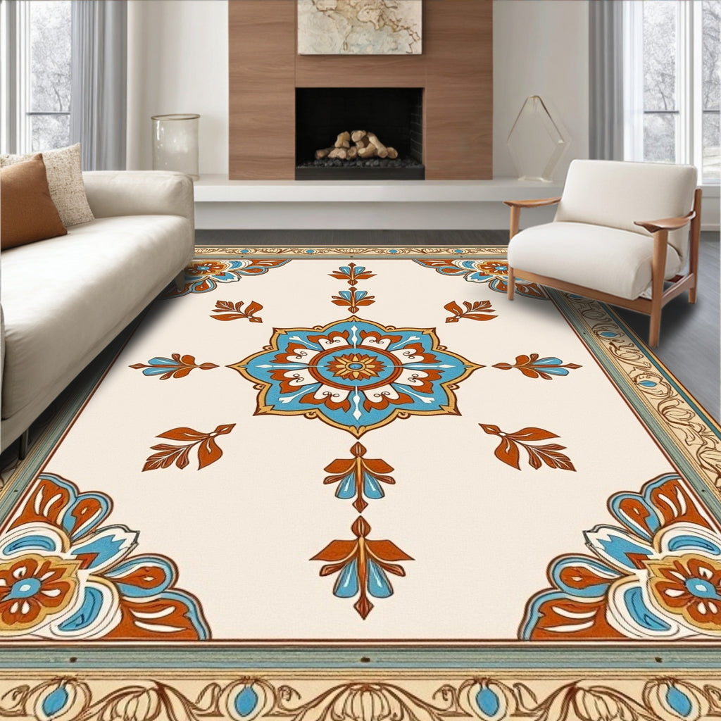 Vintage Teal Orange Floral Medallion Rug