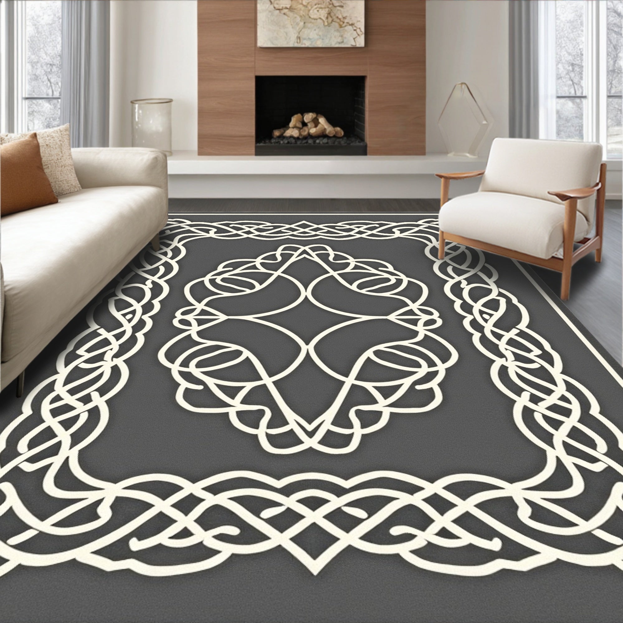 Cream Intertwined Celtic Knot Border Rug