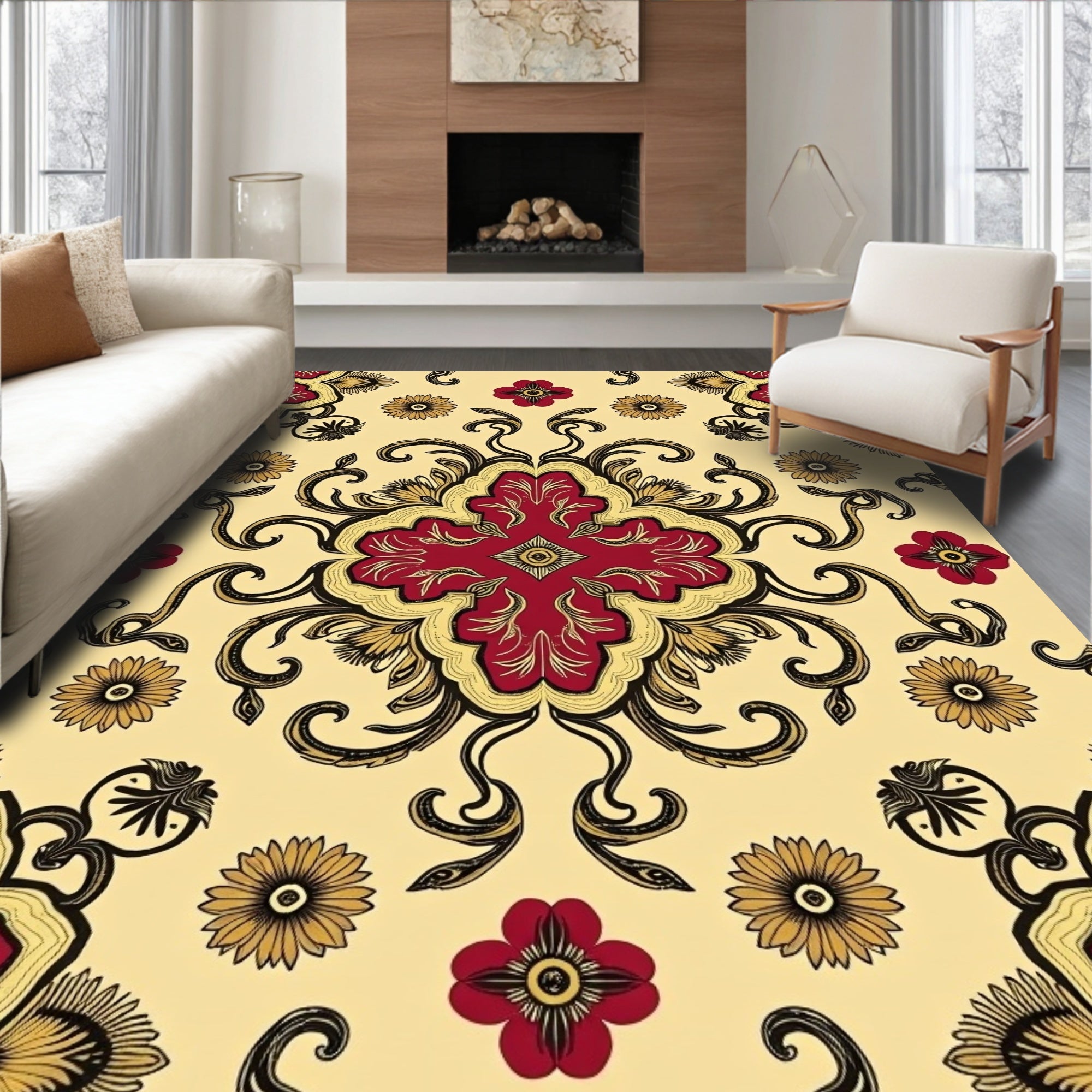 Vintage Red Floral Swirl Medallion Rug