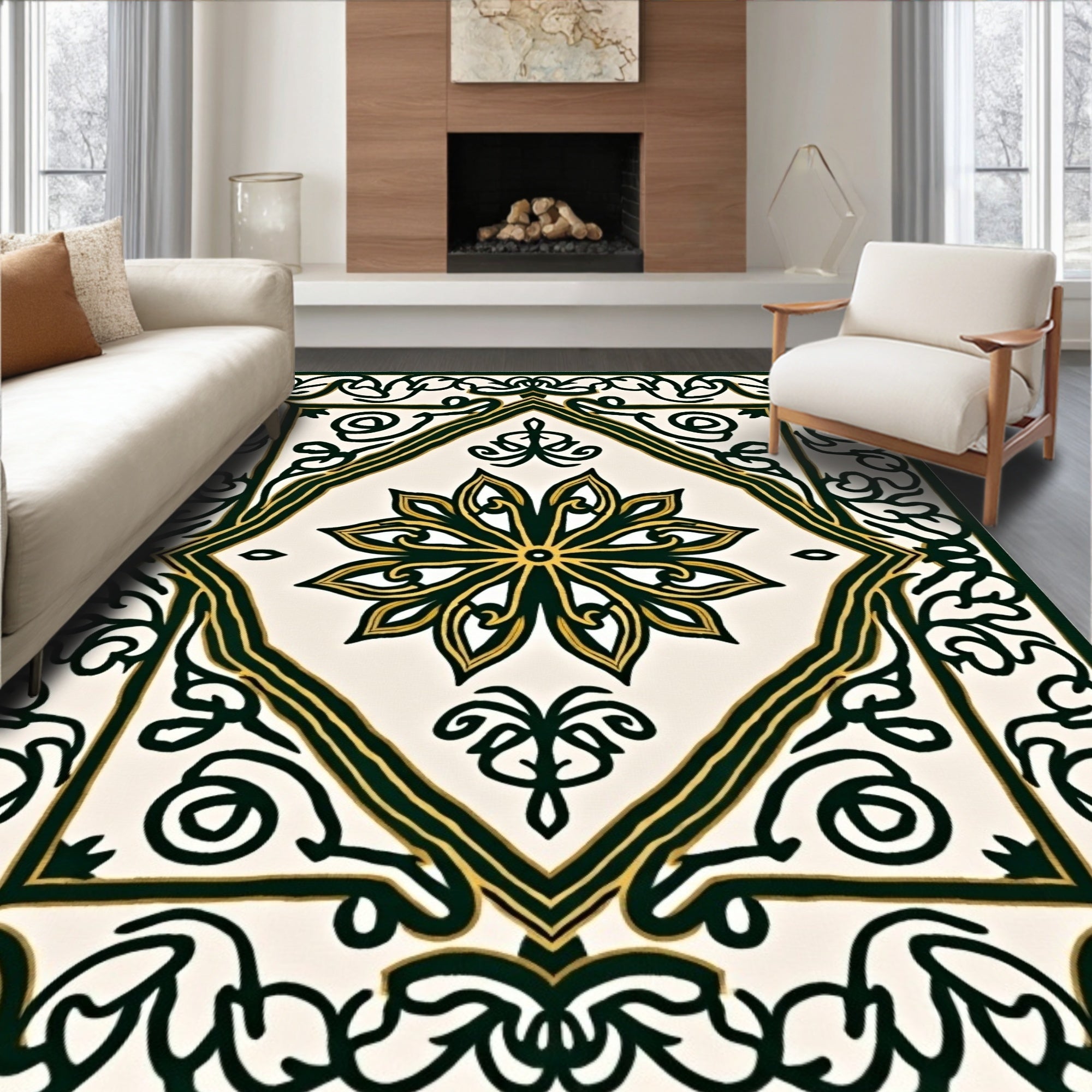 Bold Emerald Golden Floral Frame Rug