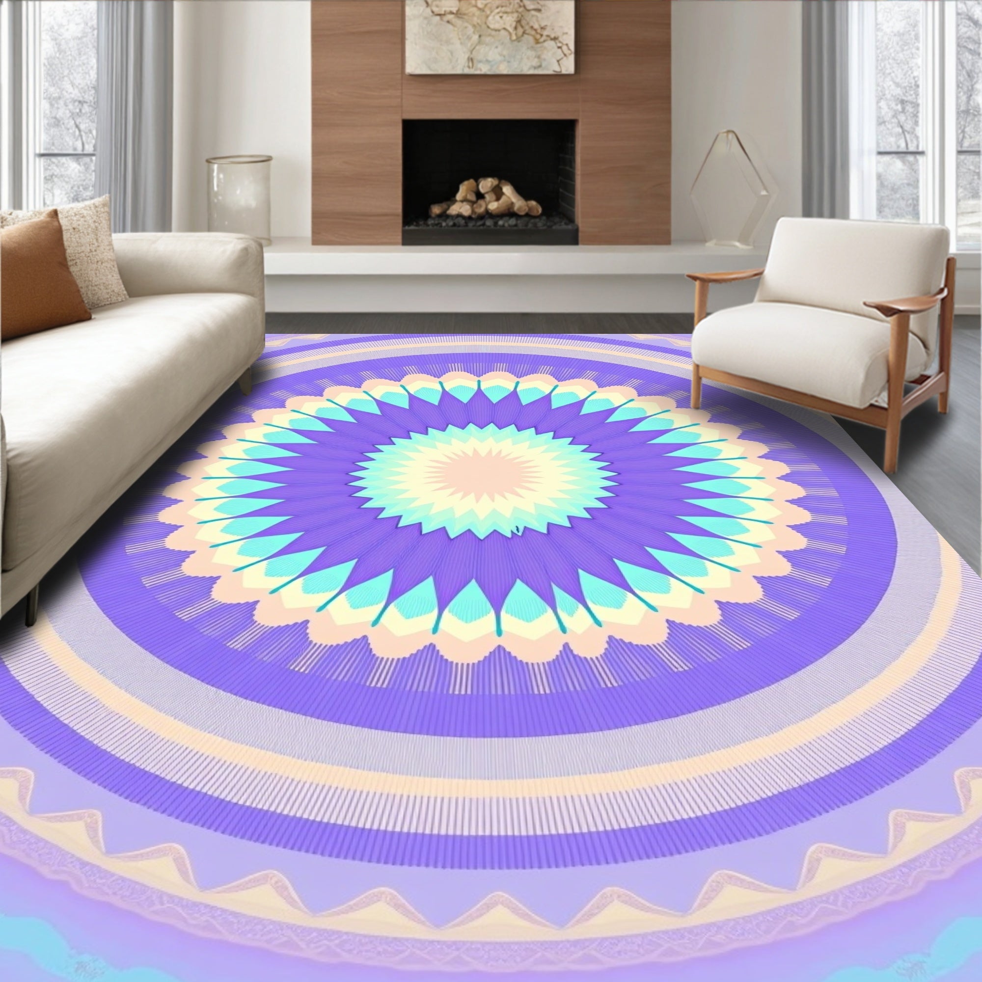 Lavendar Pale Yellow Sunburst Mandala Rug