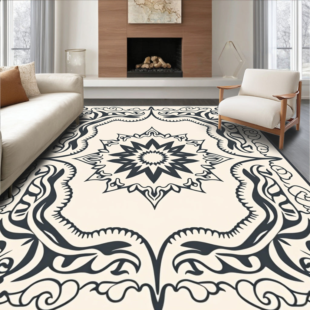 Elegant Ivory Black Floral Medallion Rug