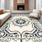Elegant Ivory Black Floral Medallion Rug