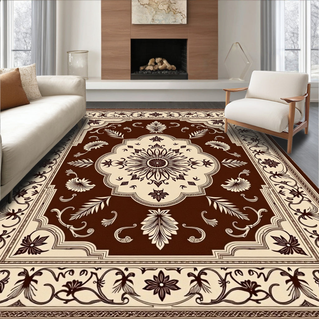 Dark Brown Floral Medallion Tapestry Rug
