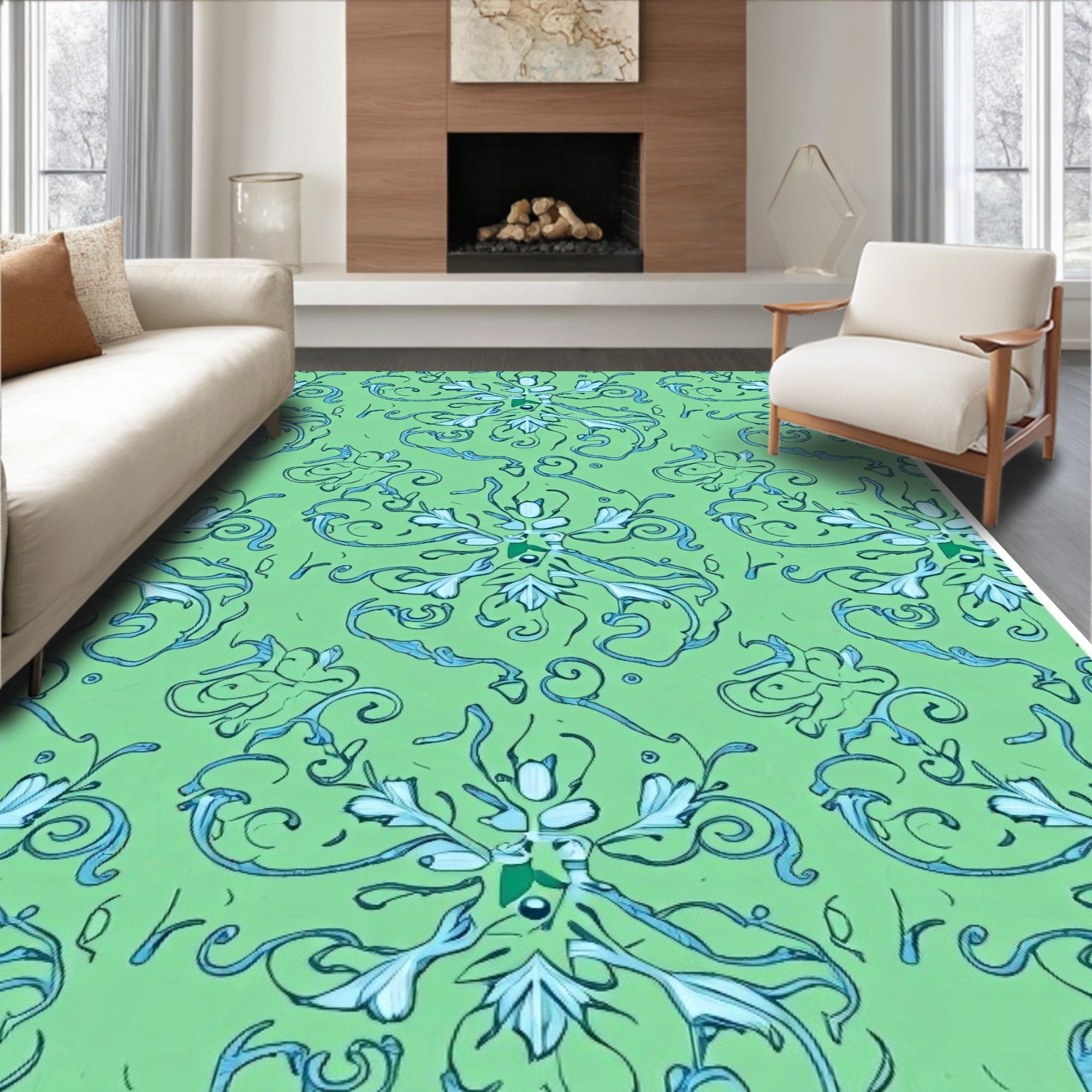 Light Green Blue Floral Swirl Rug