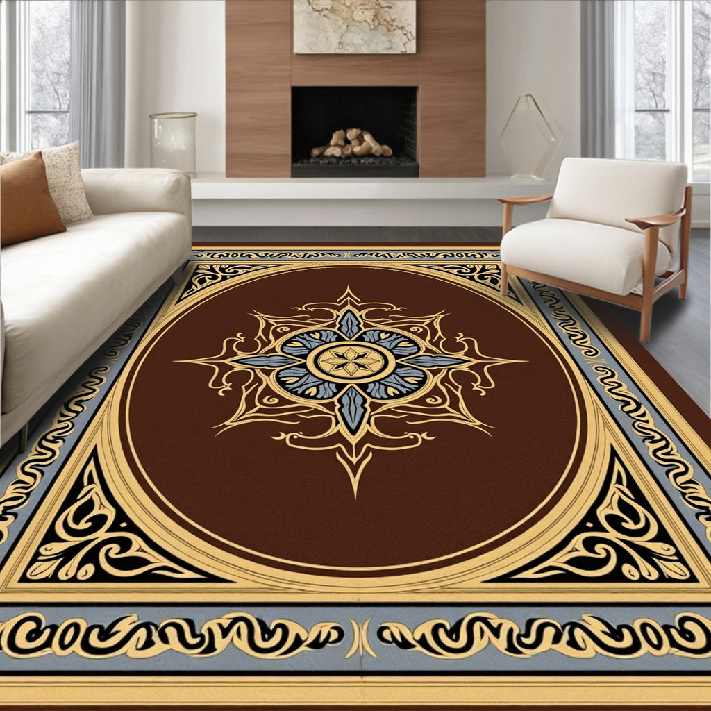 Brown Gold Blue Ornamental Square Rug