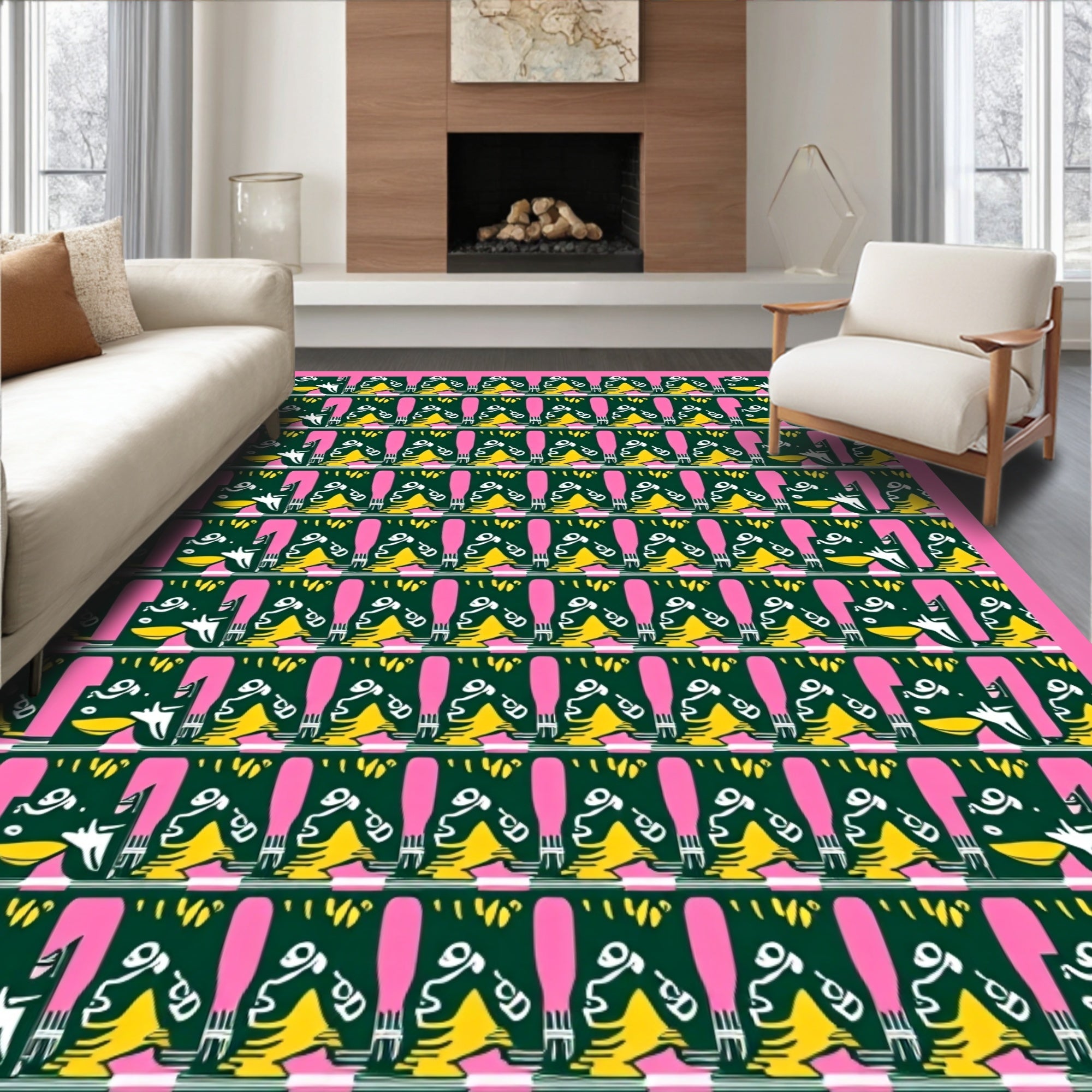 Playful Yellow Flamingo Pink Geometric Rug