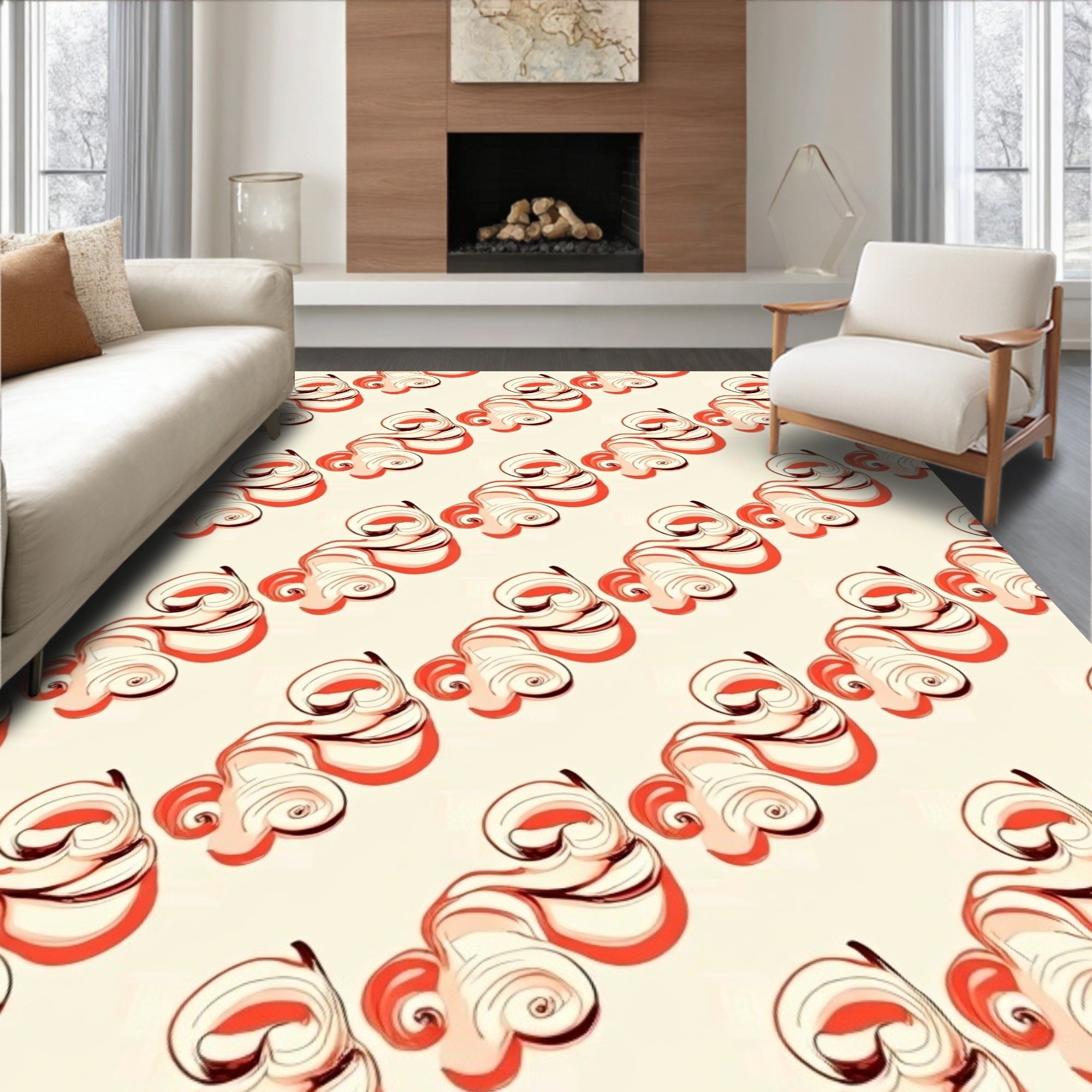 Cream Coral Swirl Abstract Rug