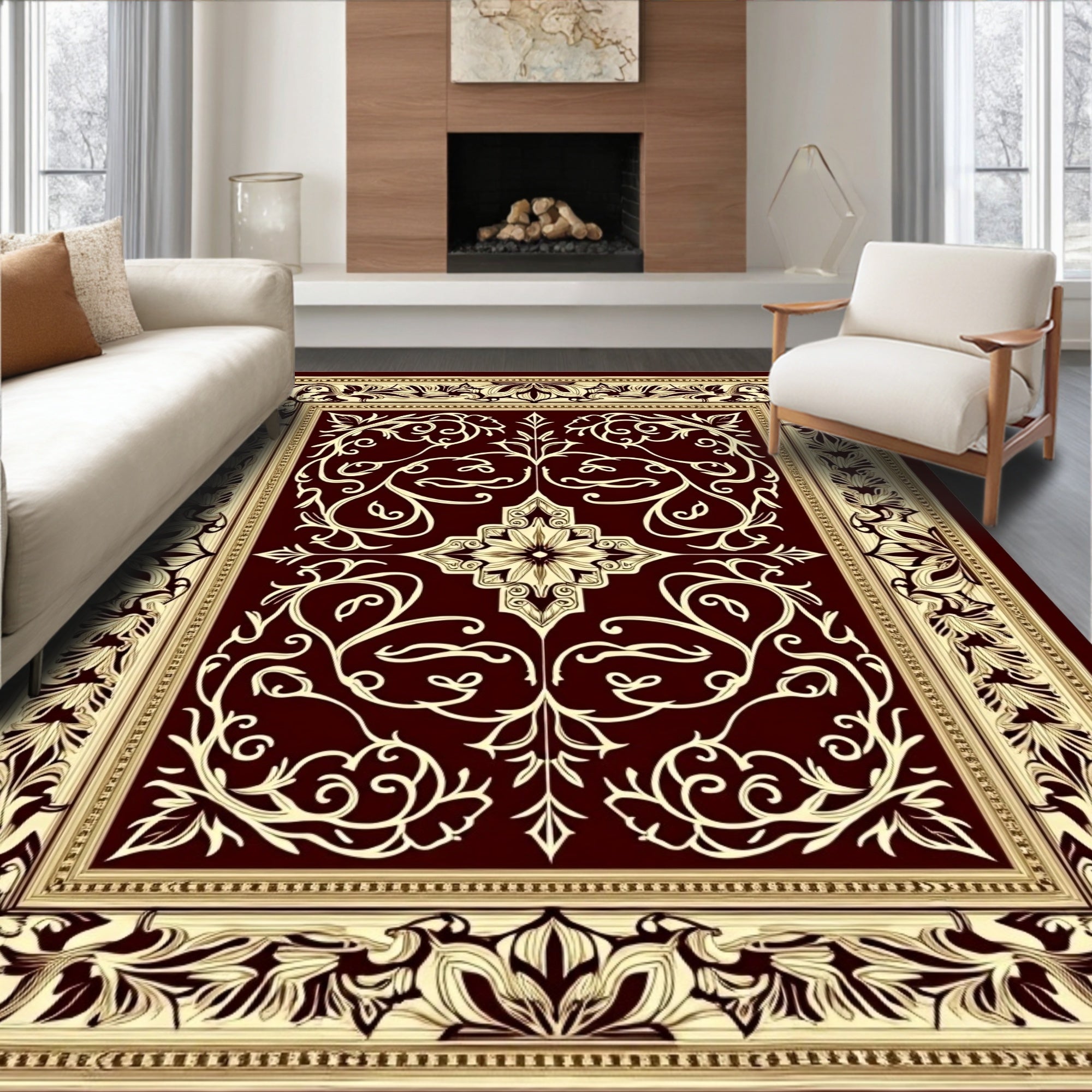 Deep Red Ivory Floral Border Rug