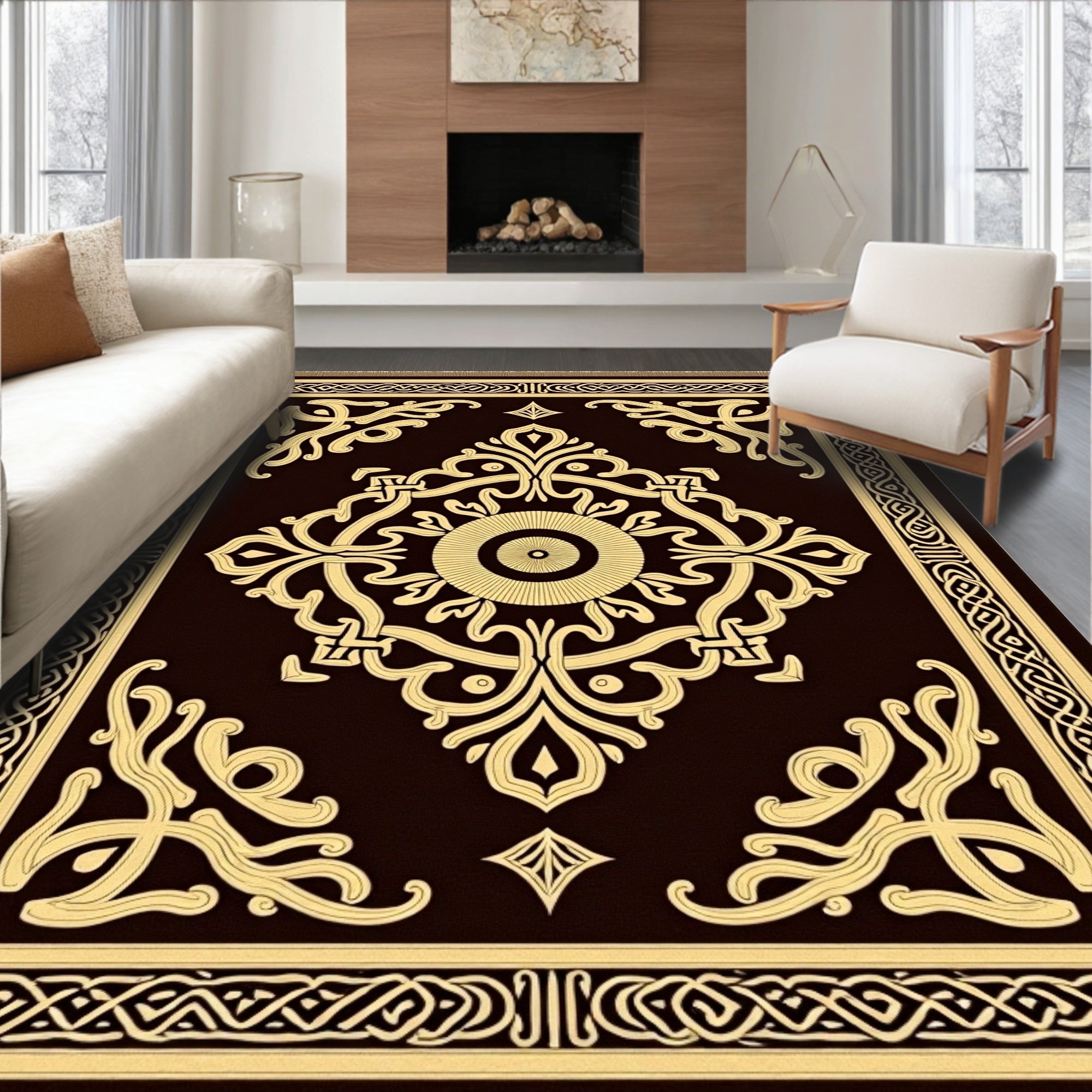 Dark Brown Golden Baroque Scroll Rug