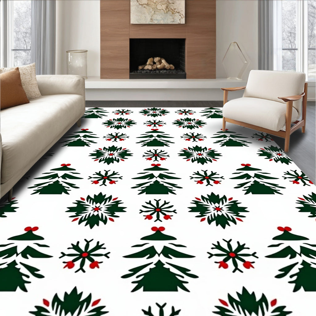 Green Christmas Trees Red Berries Snowflakes Rug