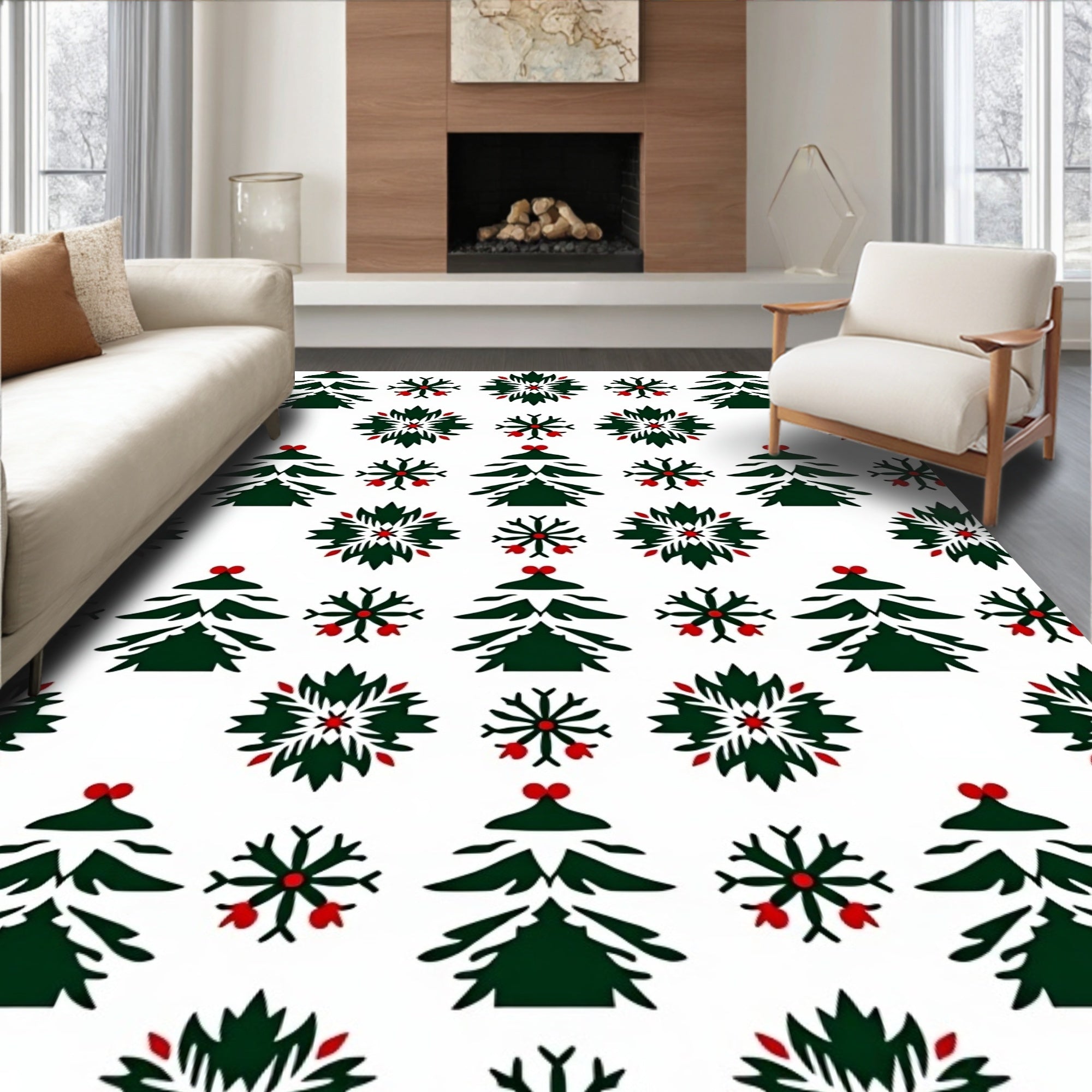 Green Christmas Trees Red Berries Snowflakes Rug