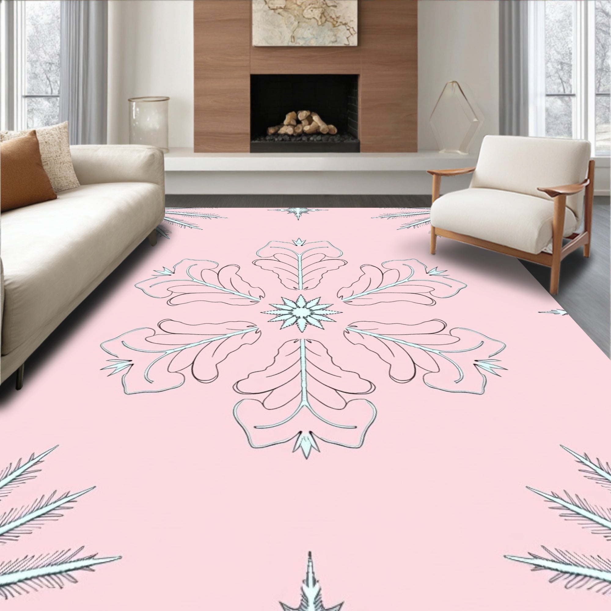 Pale Pink Snowflake Floral Medallion Rug