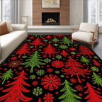 Festive Red Green Pine Trees Snowflakes Rug