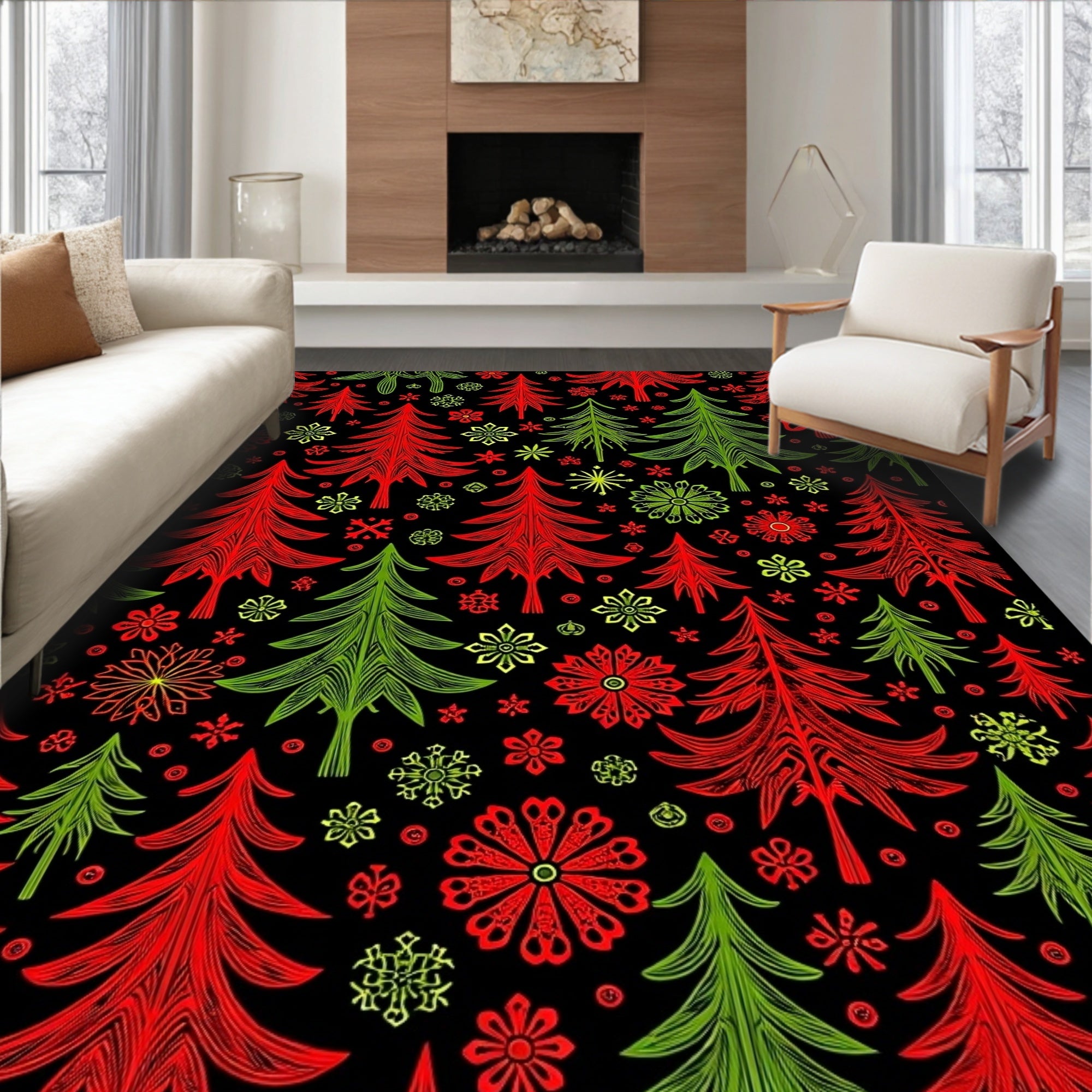 Festive Red Green Pine Trees Snowflakes Rug