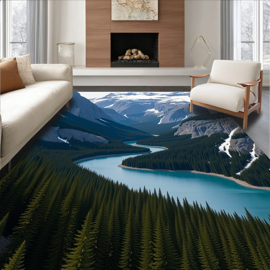 Serene Blue River Winding Mountain Landscape Rug