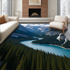 Serene Blue River Winding Mountain Landscape Rug