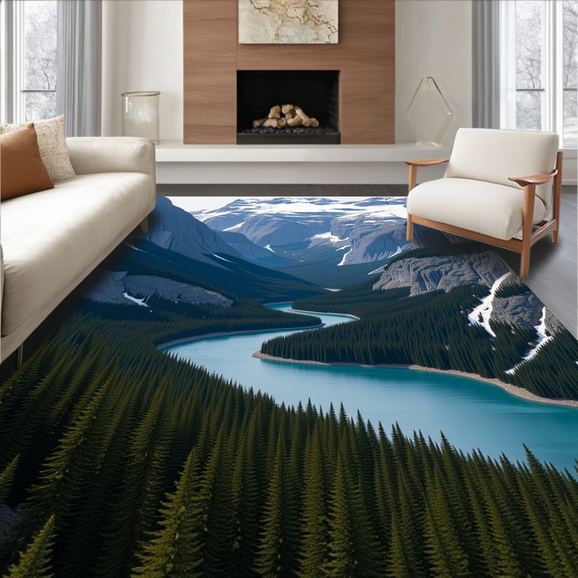 Serene Blue River Winding Mountain Landscape Rug