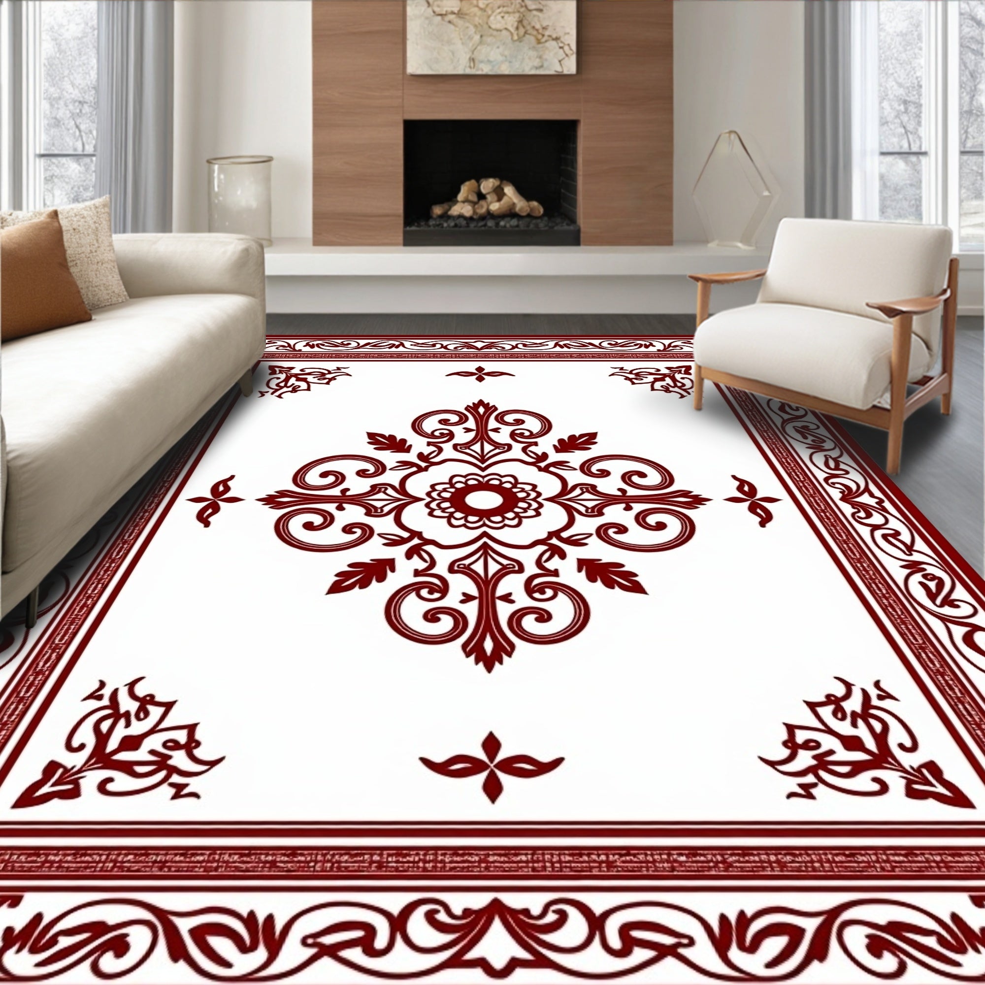 Regal Crimson Floral Medallion Border Rug