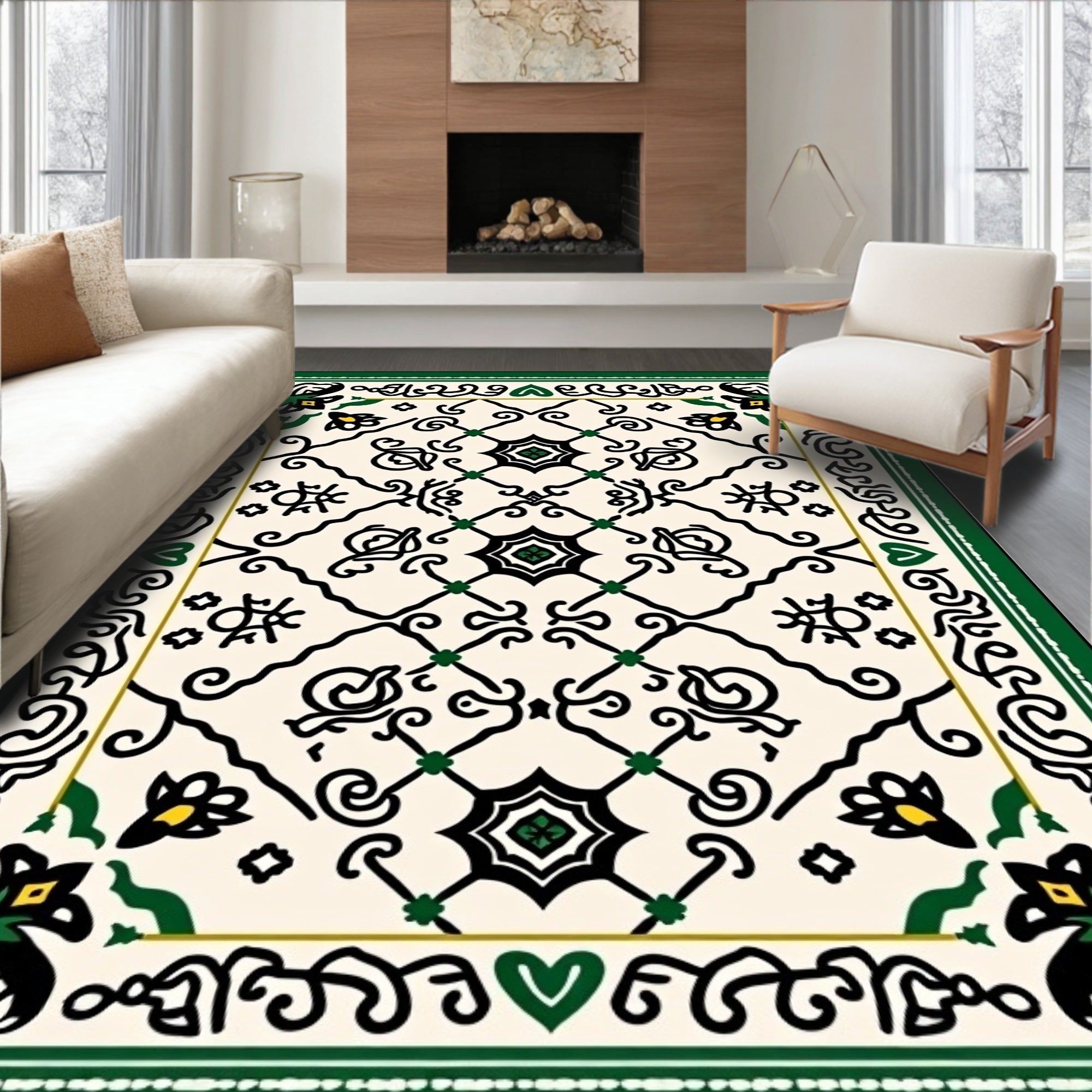 Bold Black Green Ivory Lattice Rug