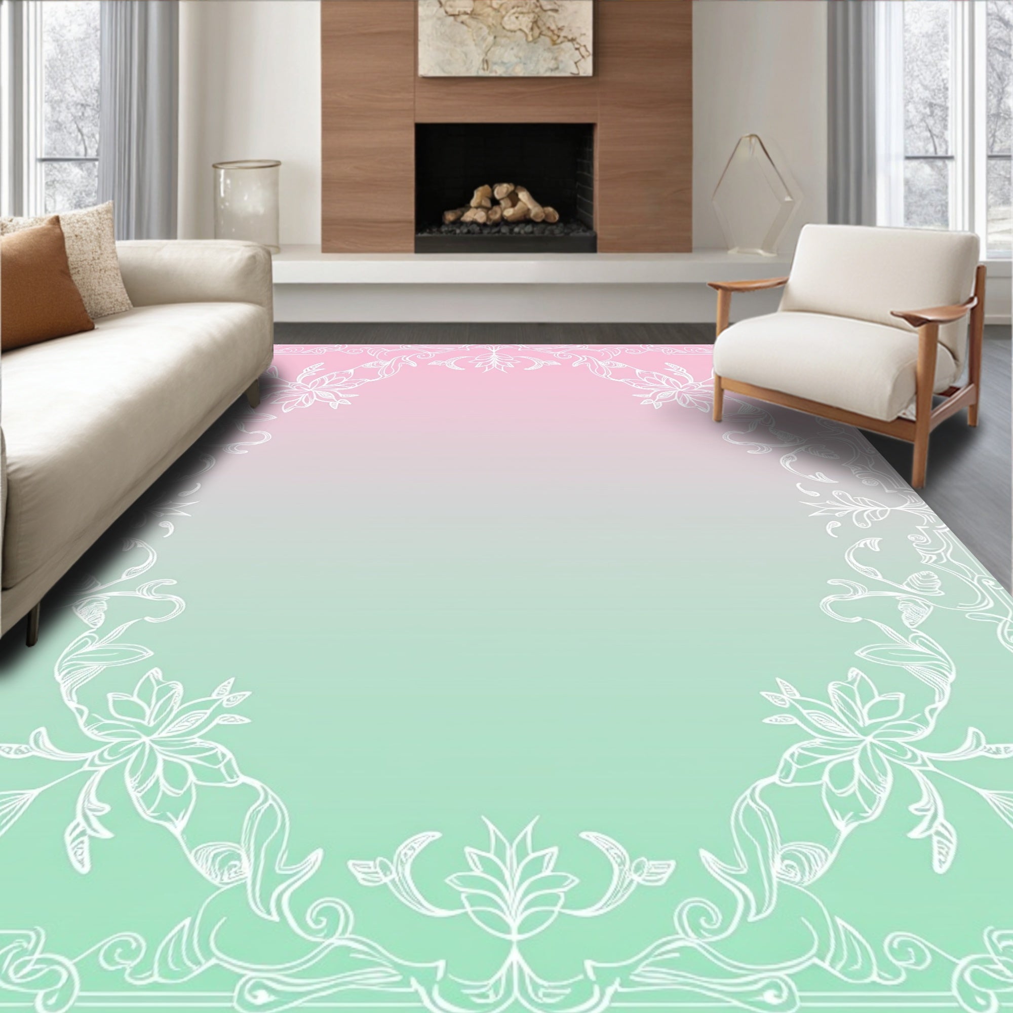 Pastel Pink Green Floral Scrollwork Border Rug