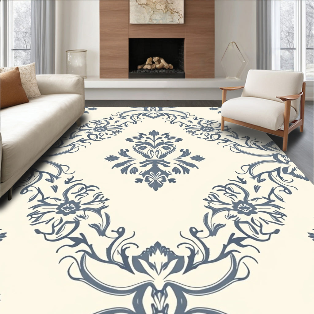 Cream And Navy Damask Medallion Rug
