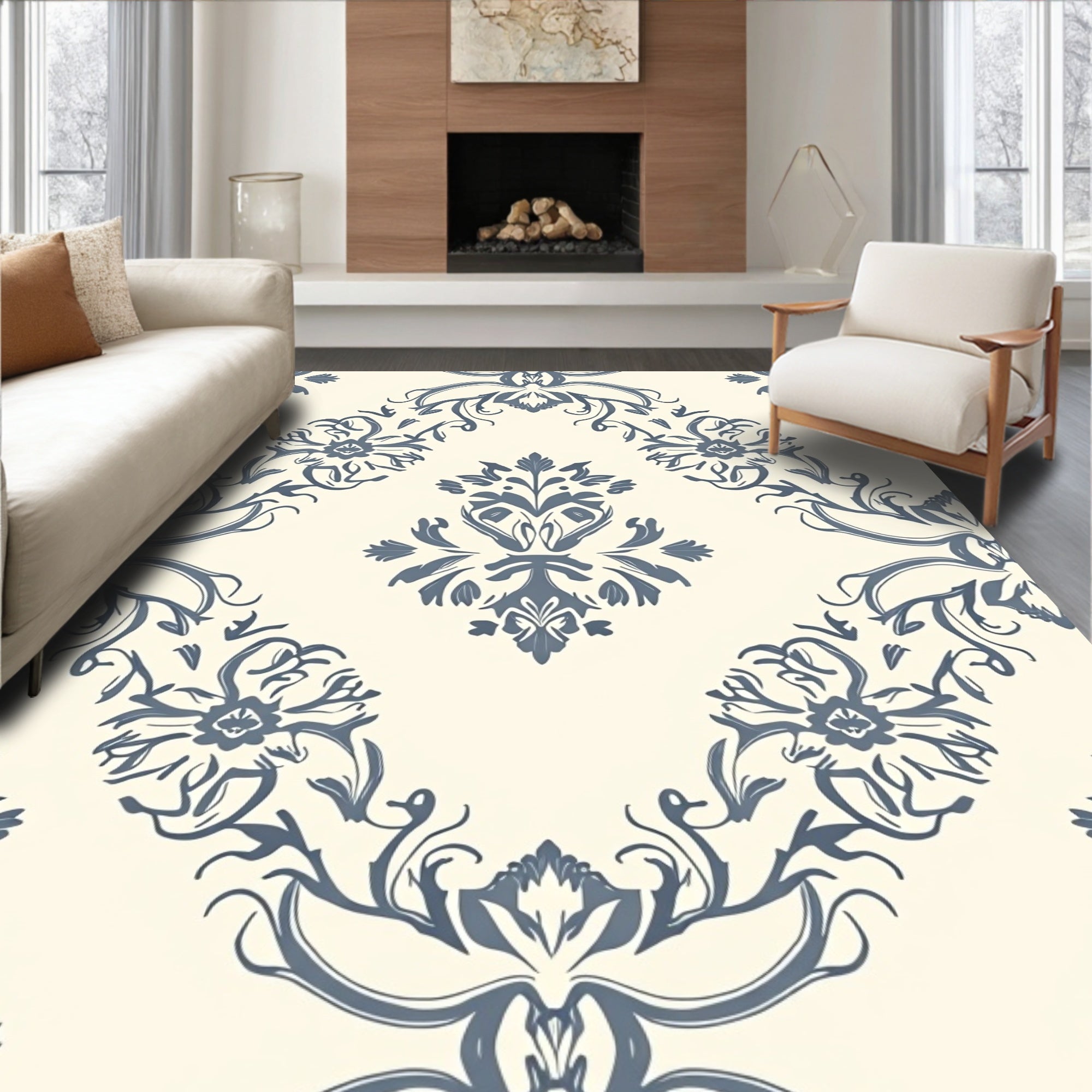 Cream And Navy Damask Medallion Rug