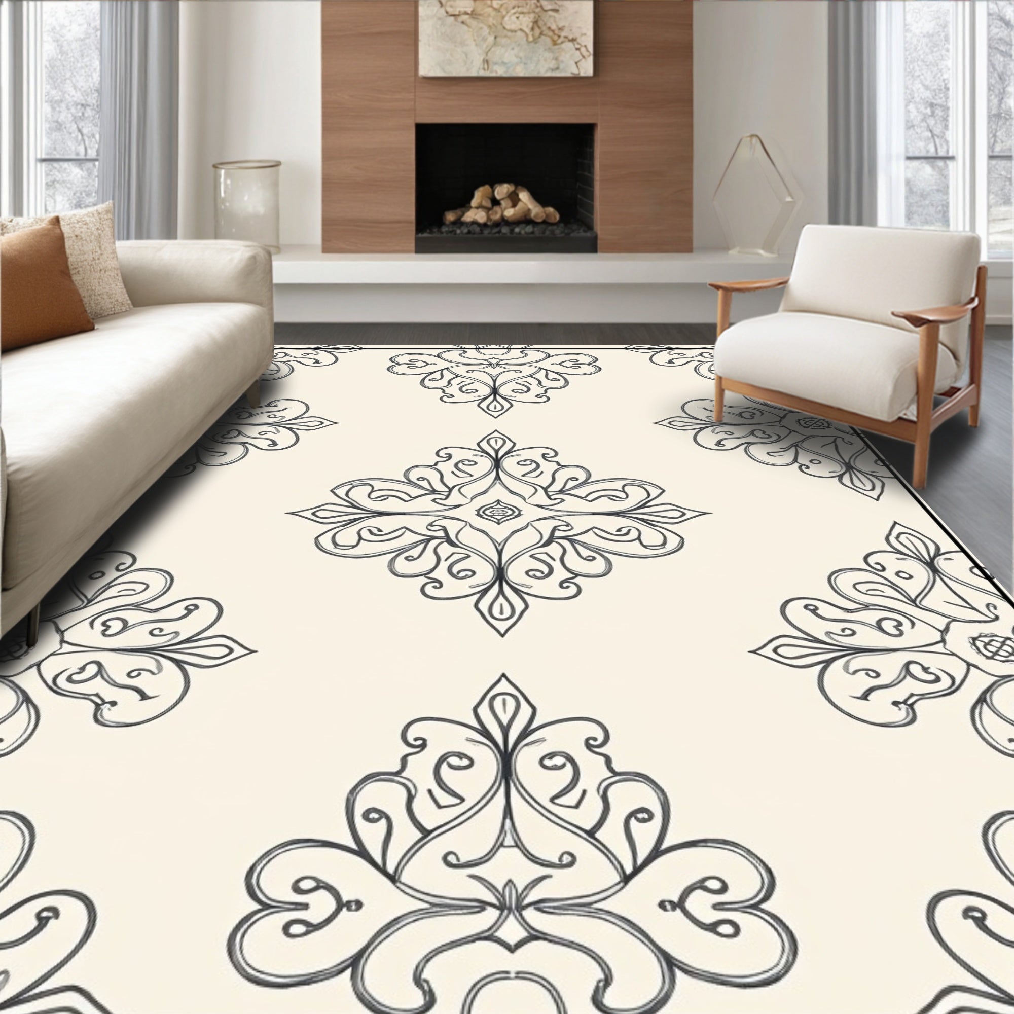 Cream Black Ornate Floral Medallion Rug