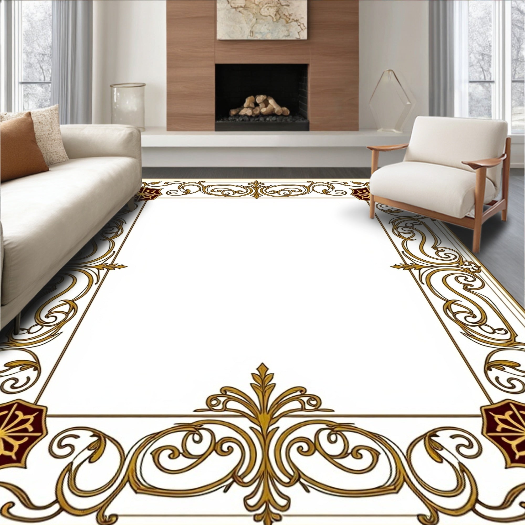 Rich Gold Floral Crimson Medallion Border Rug