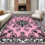 Soft Pink Black Floral Medallion Rug