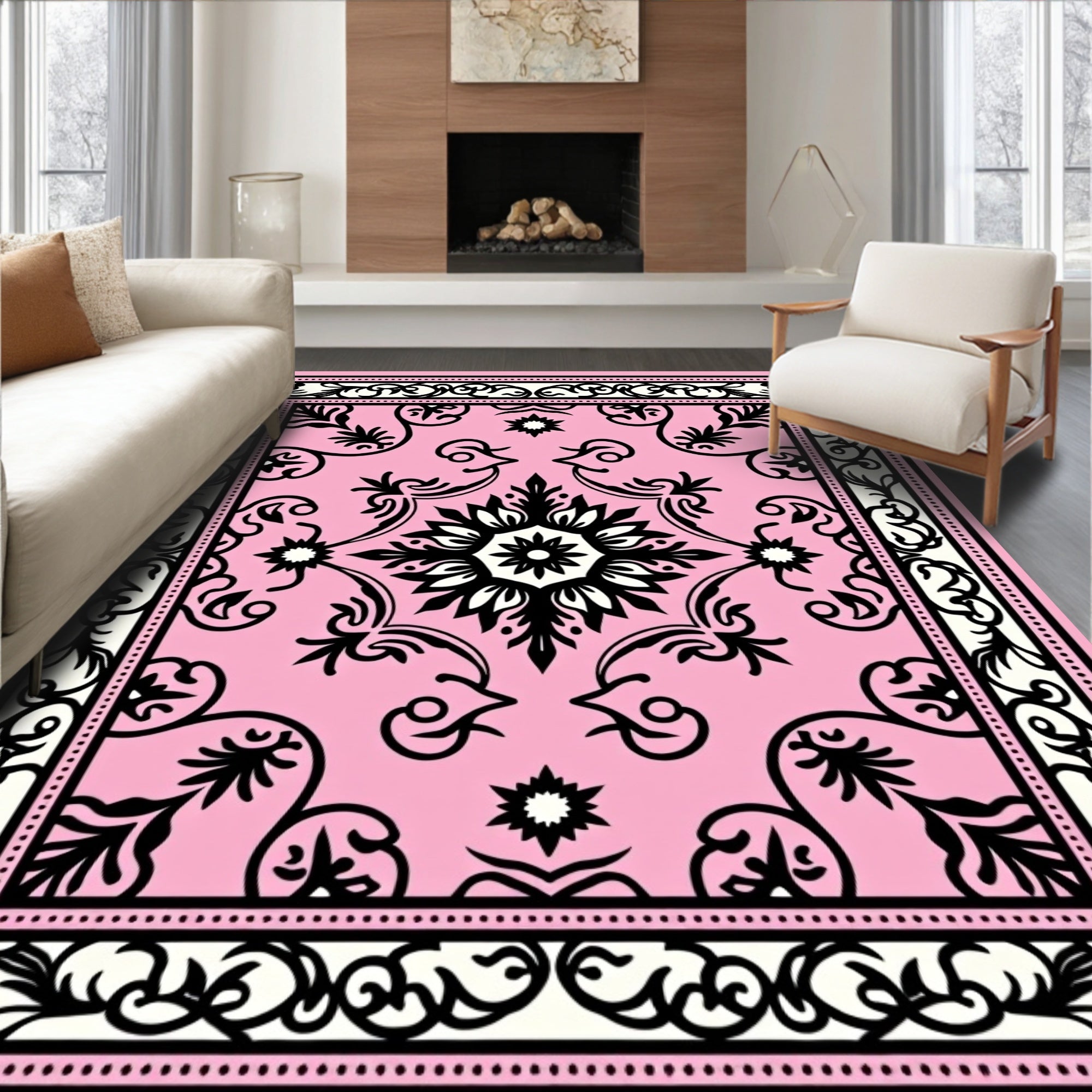 Soft Pink Black Floral Medallion Rug