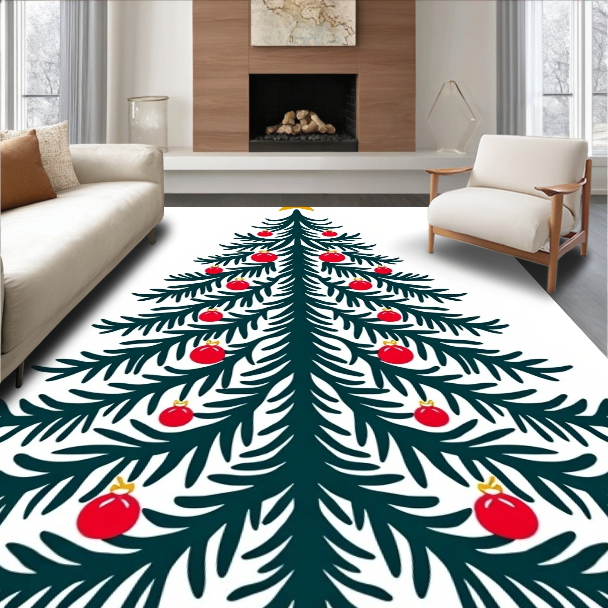 Evergreen Star Red Ornament Tree Rug
