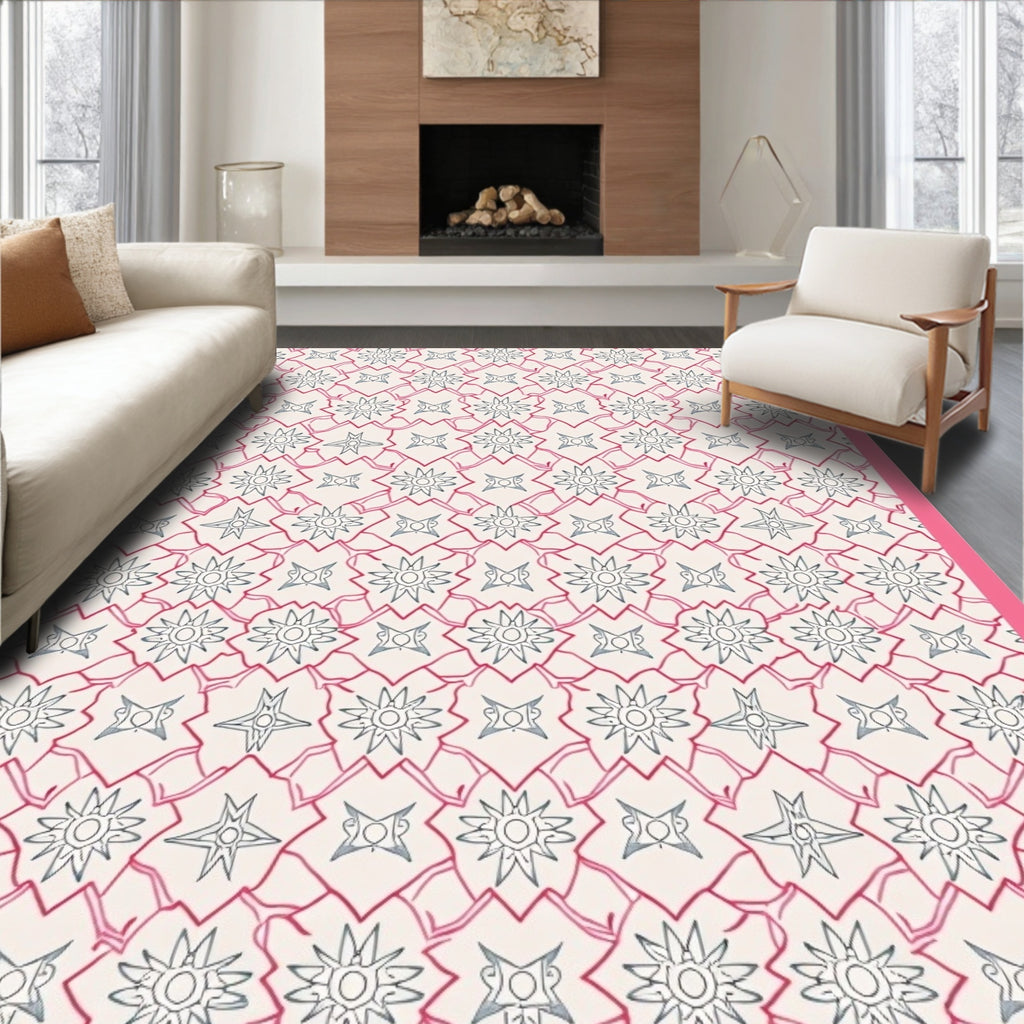 Pink White Starburst Geometric Medallion Rug