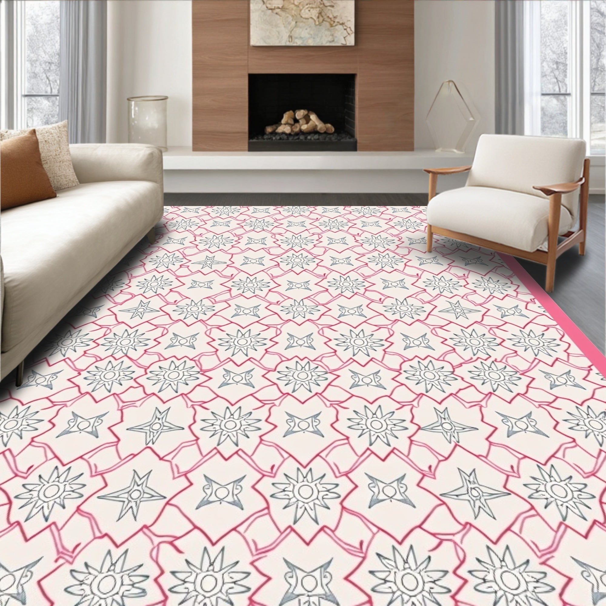 Pink White Starburst Geometric Medallion Rug