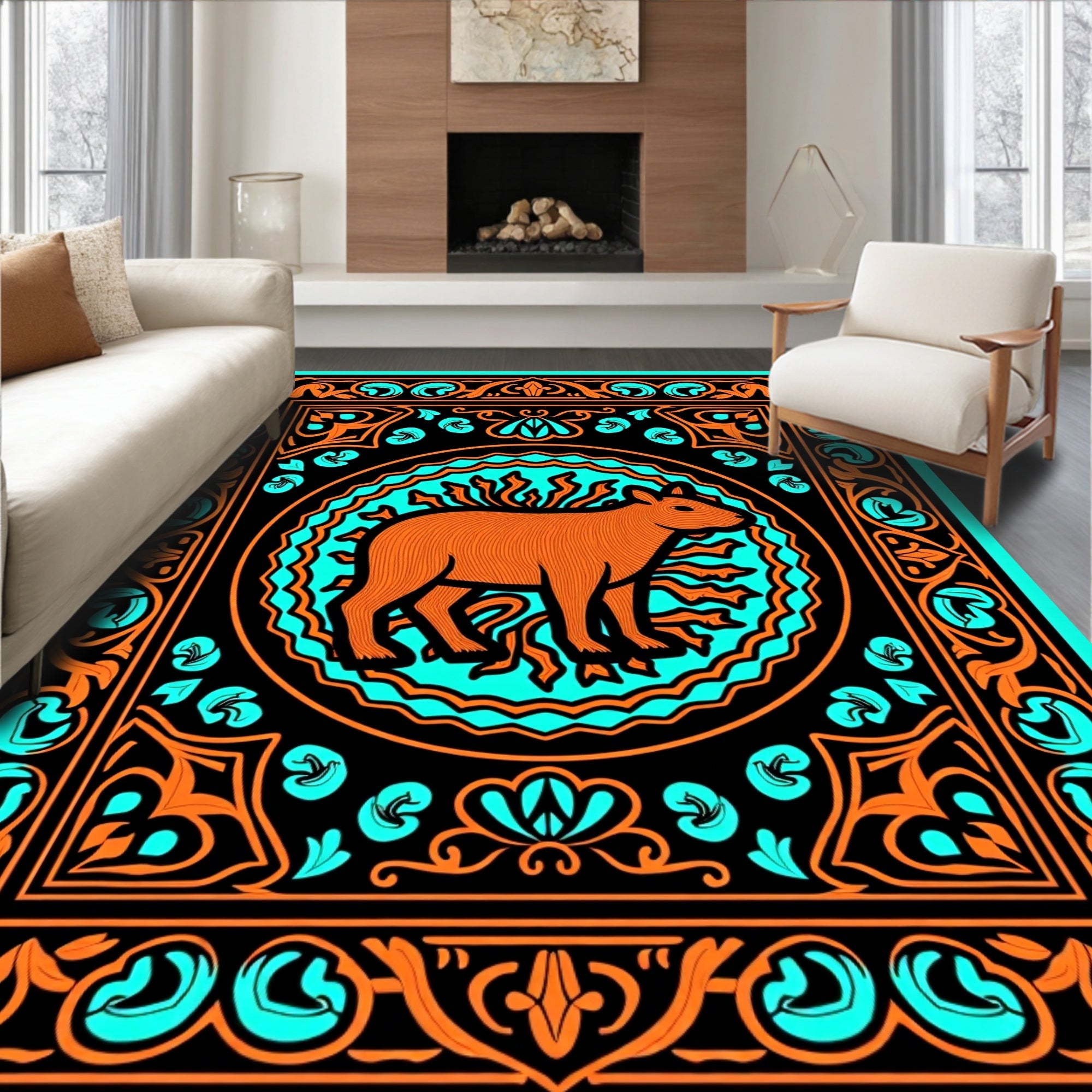 Orange Capybara Teal Frame Rug