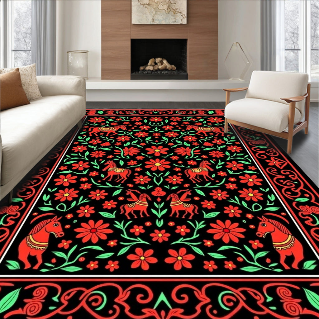 Red Horses Floral Border Rug