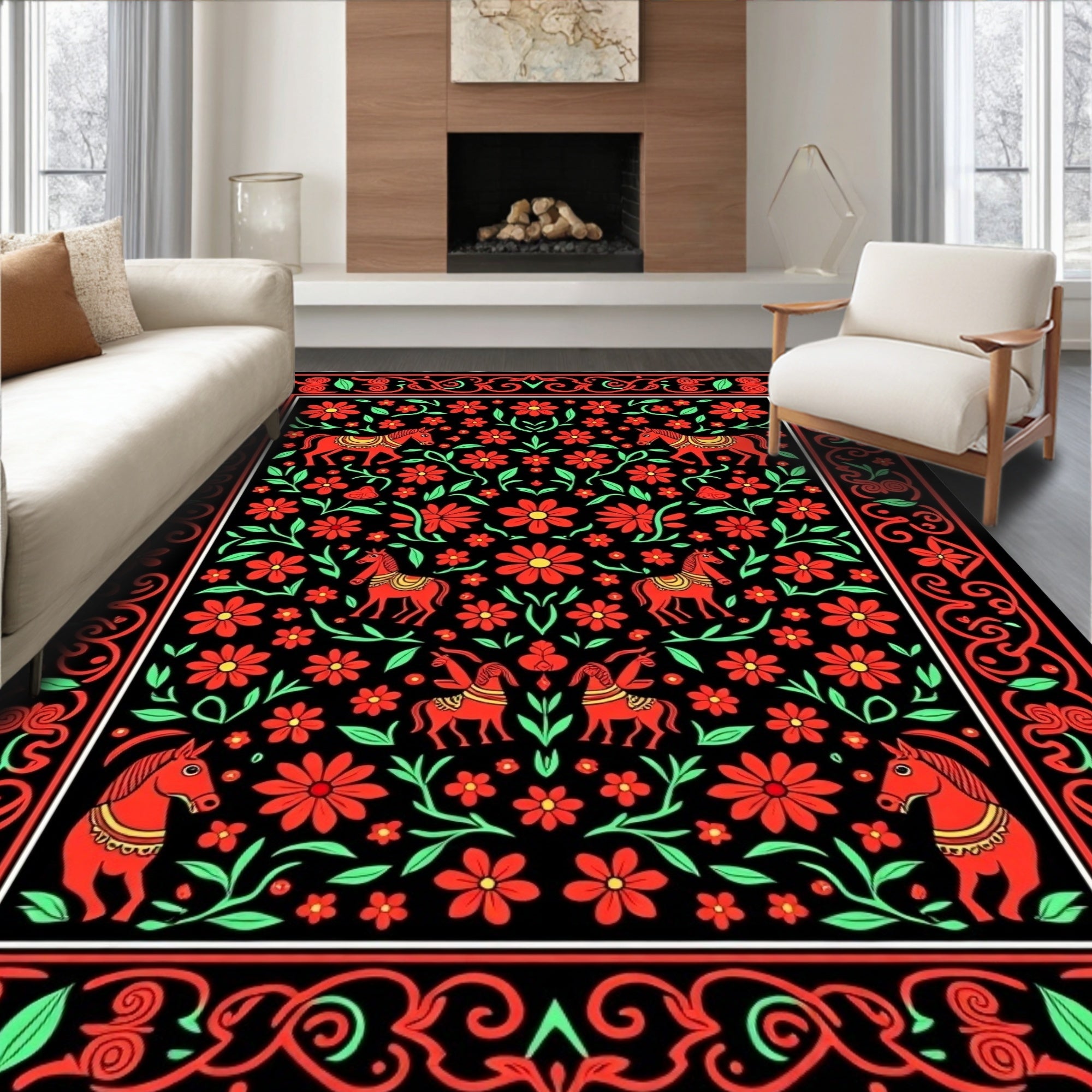 Red Horses Floral Border Rug