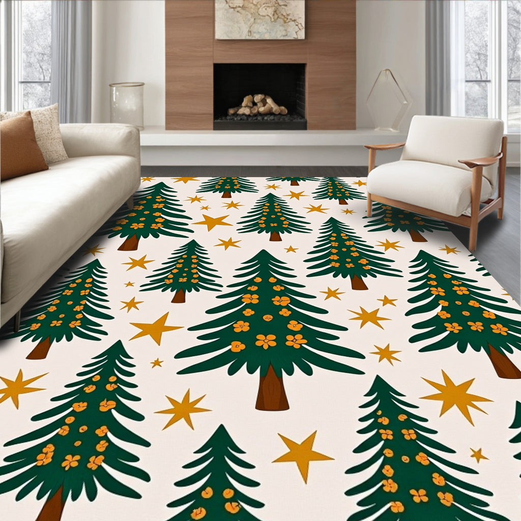 Green Evergreen Starry Night Trees Rug