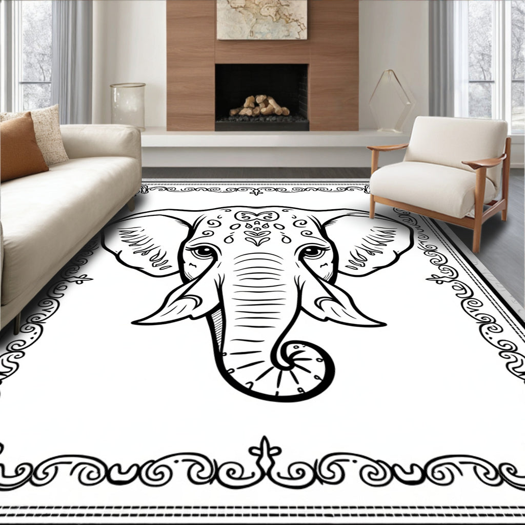 Ornate Elephant Face Black White Rug