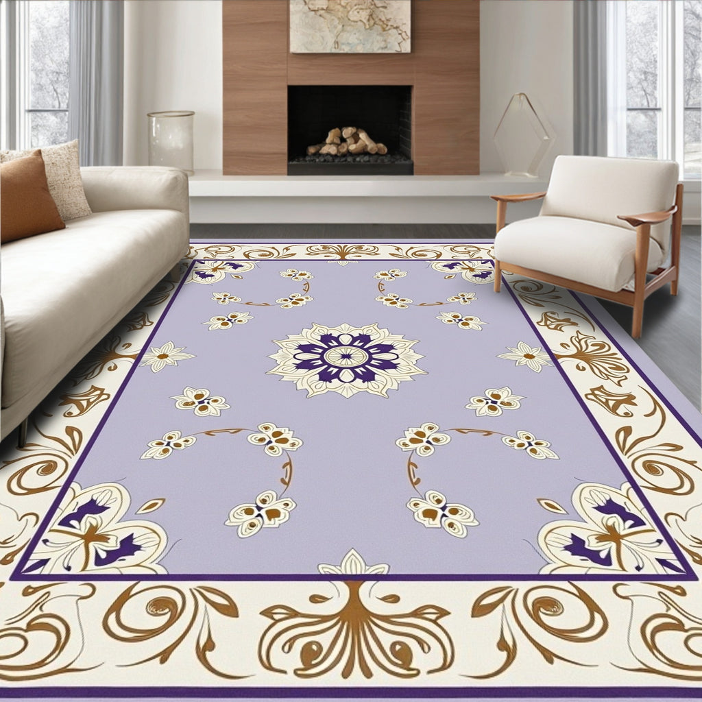 Lavender Golden Floral Scroll Medallion Rug