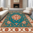 Teal Orange Floral Medallion Border Rug