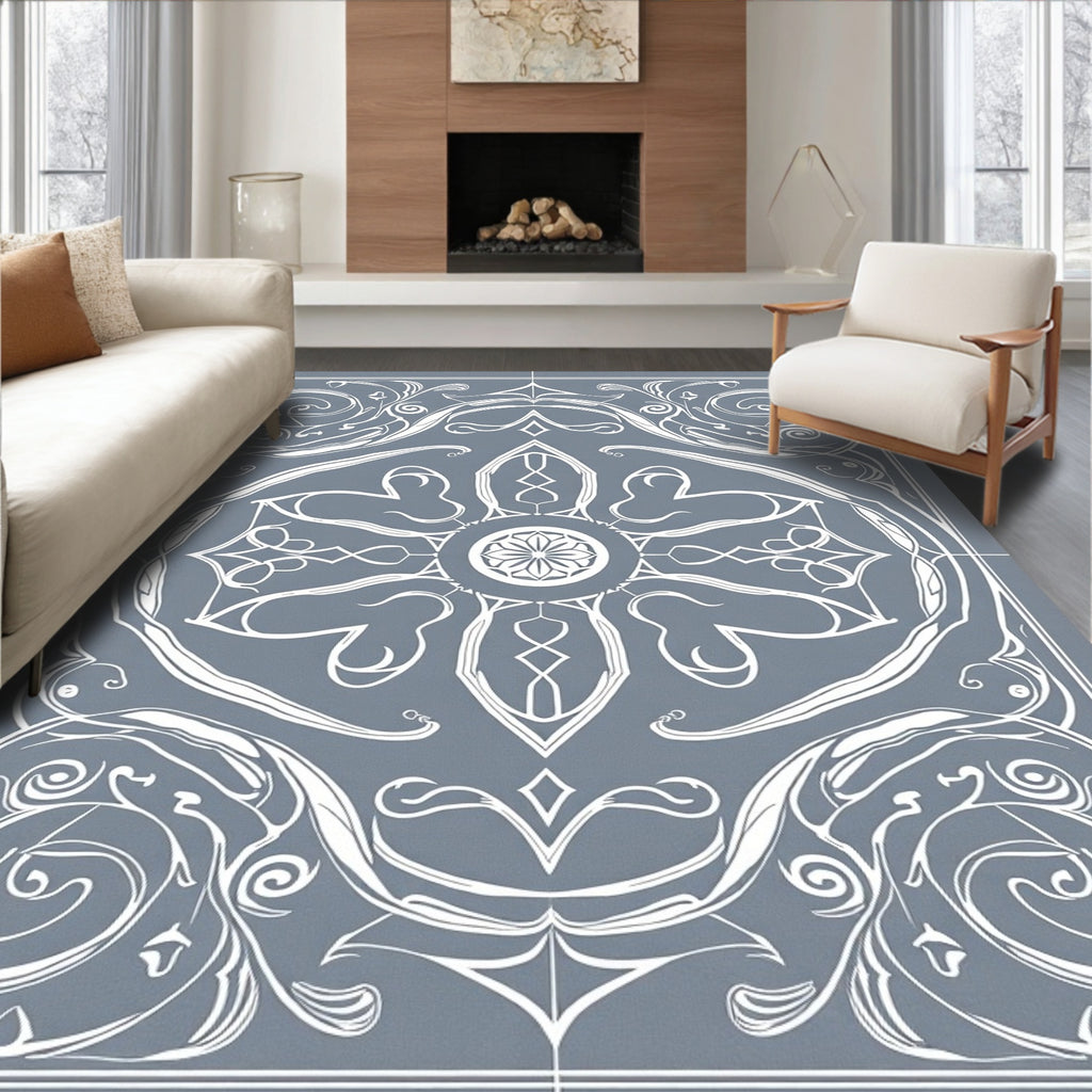 Elegant Blue White Floral Scroll Rug