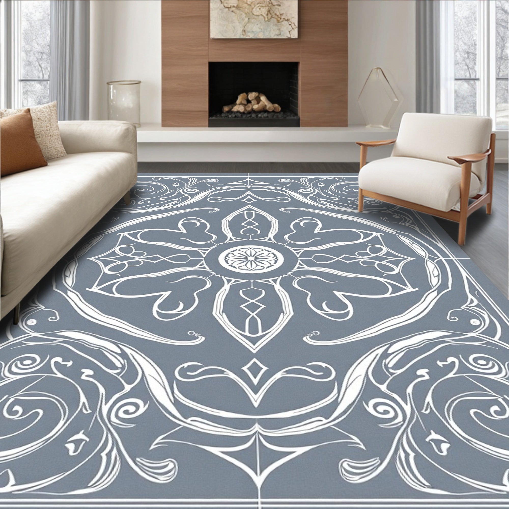 Elegant Blue White Floral Scroll Rug