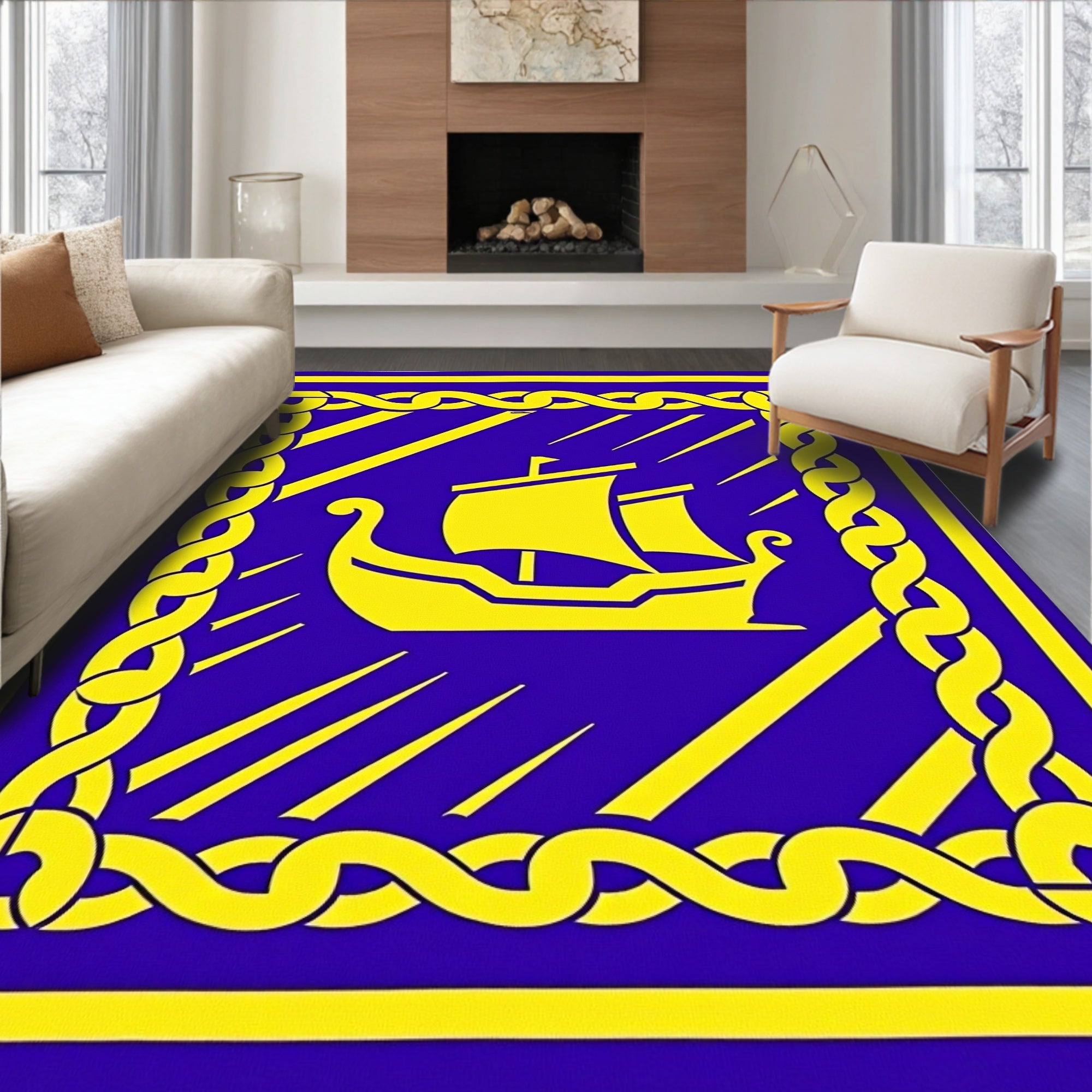Vibrant Yellow Ship Blue Celtic Border Rug