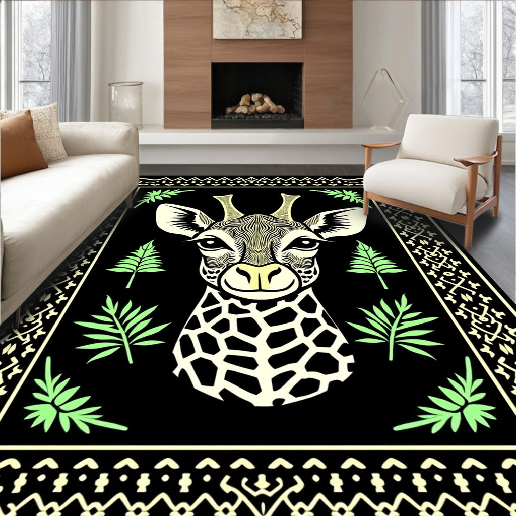 Stylized Giraffe Portrait Tribal Border Rug