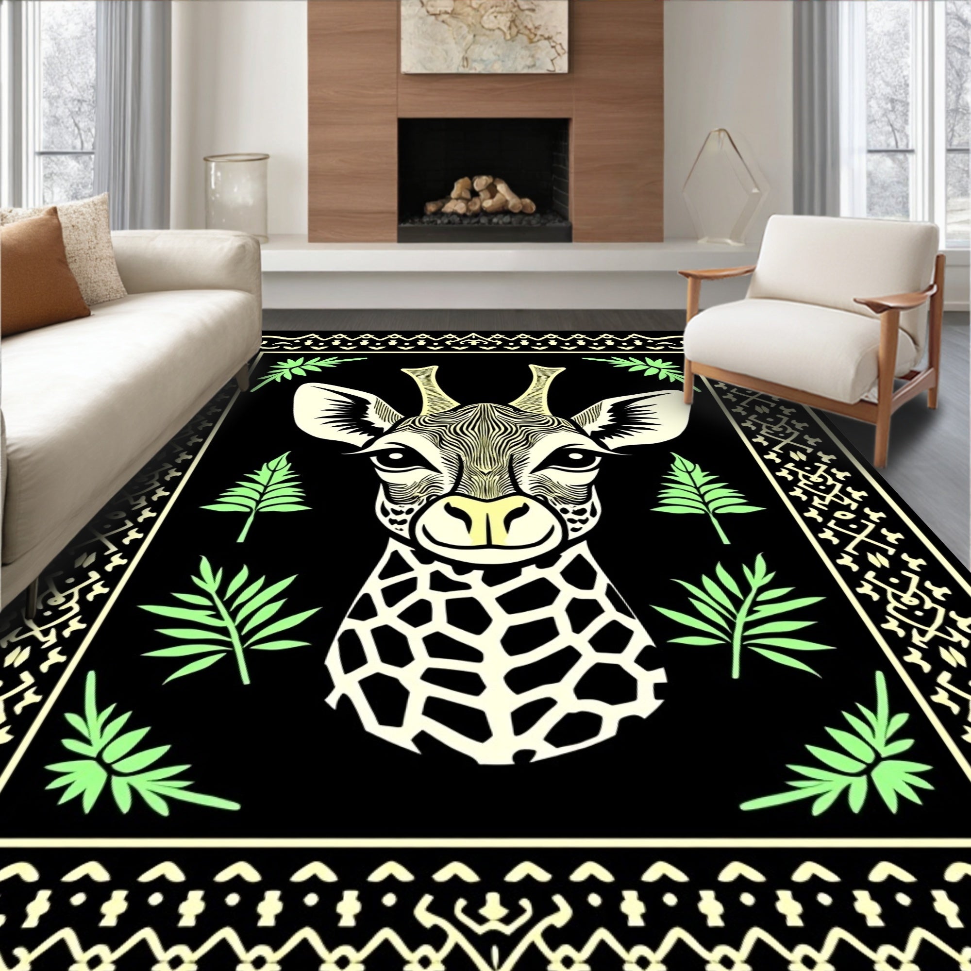 Stylized Giraffe Portrait Tribal Border Rug