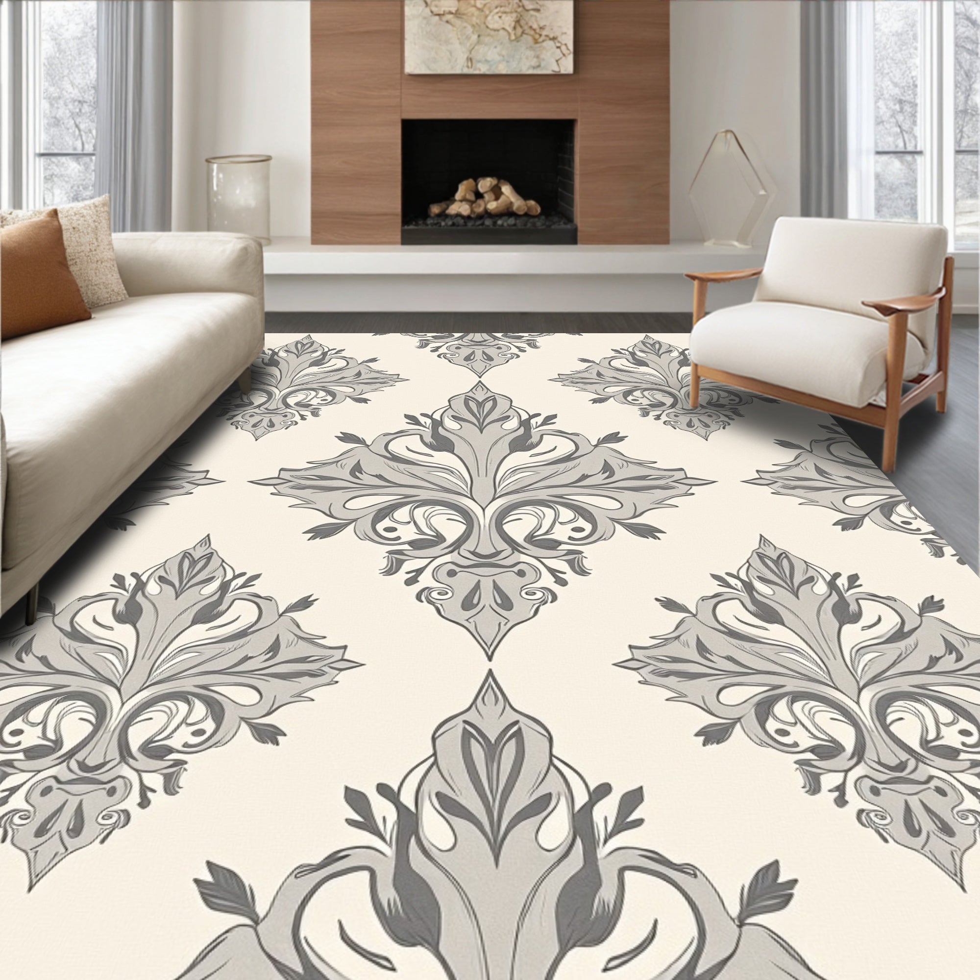 Elegant Gray Floral Damask Arrangement Rug